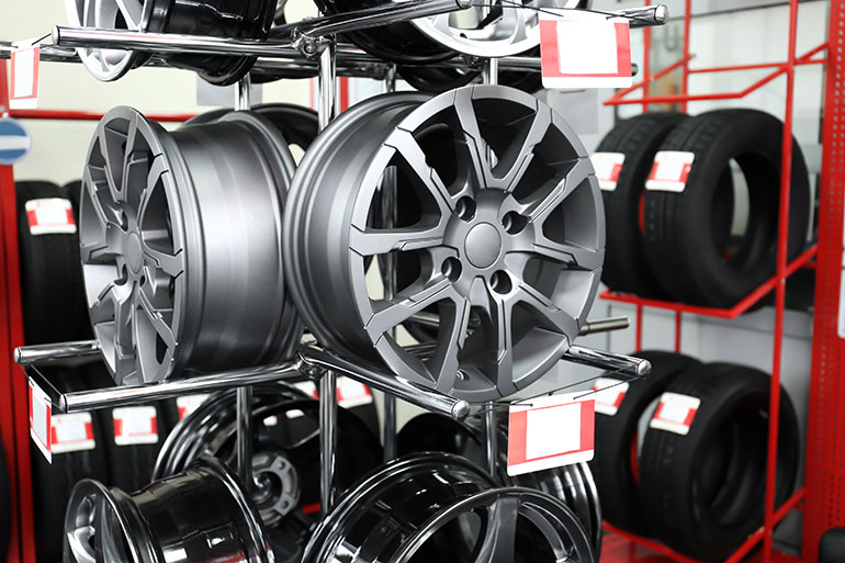 alloy wheels on a rack